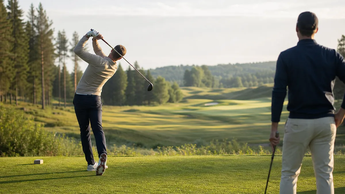 Golfare som slår ut från tee på en svensk golfbana i sommarljus