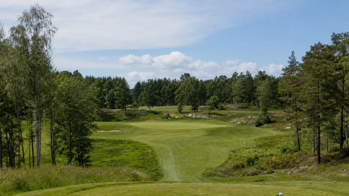 Fairway, green och tee i roslagsmiljö på Roslagens Golfklubb Norrtälje