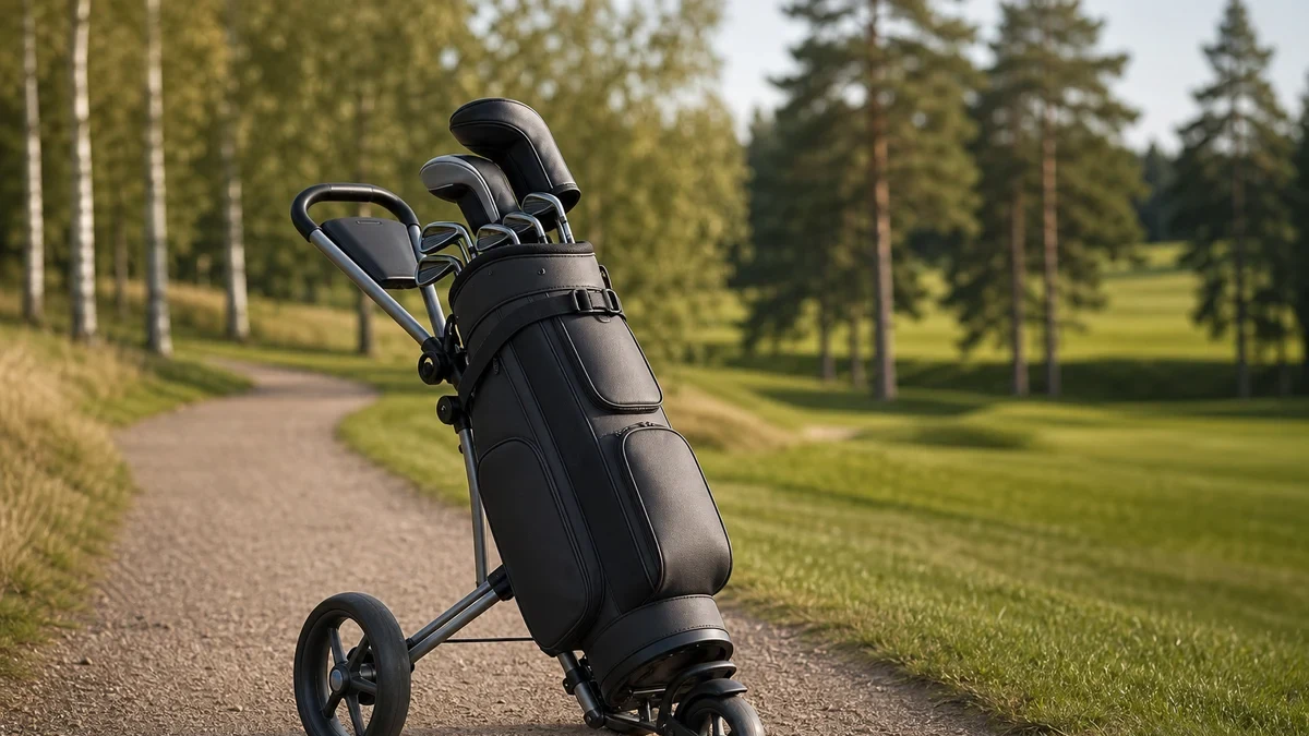 Golfvagn med bag på fairway illustrerad med golfmotiv