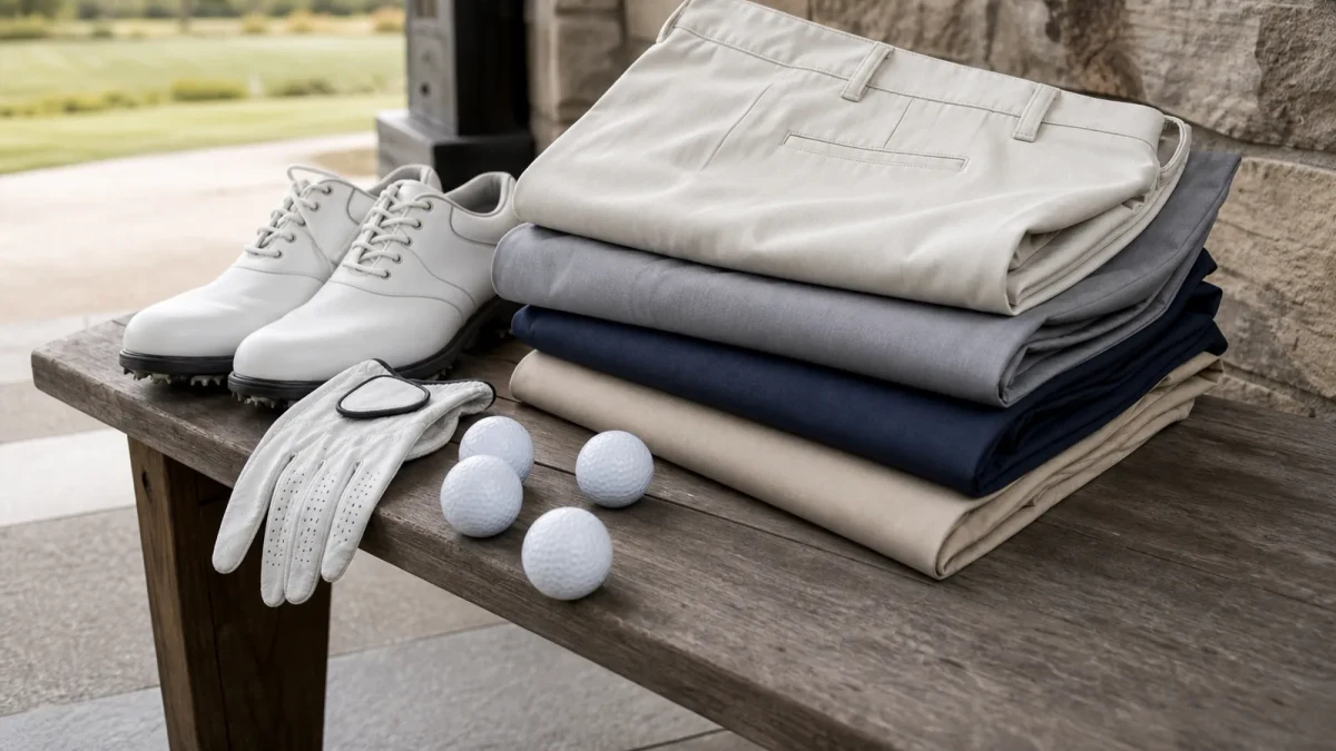 Golfbyxor för herr och dam vikta bredvid golfskor och golfbollar