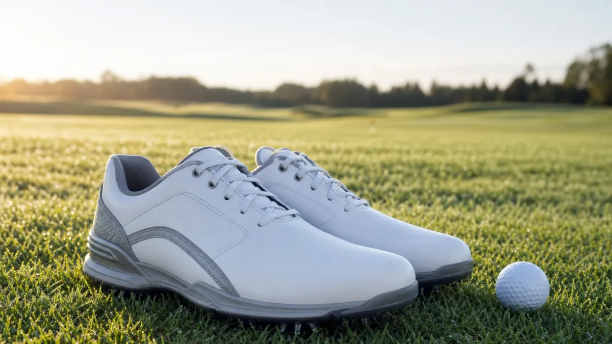 Spiklösa golfskor på gräs intill en golfboll