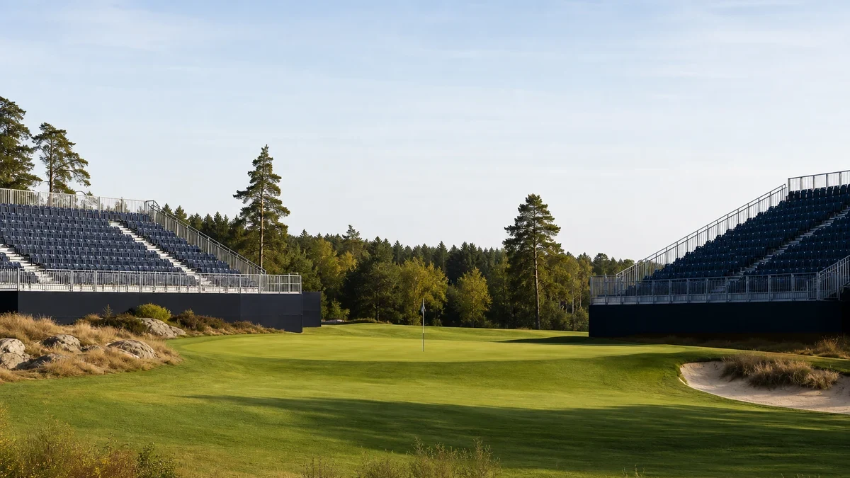 Golfbana med flagga och läktare i bakgrunden