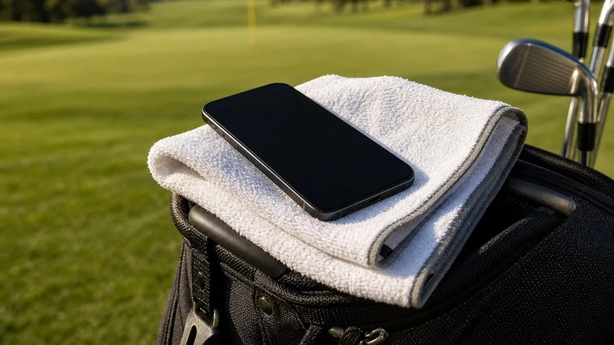 Smartphone med tom skärm på en golfhandduk bredvid en golfbag