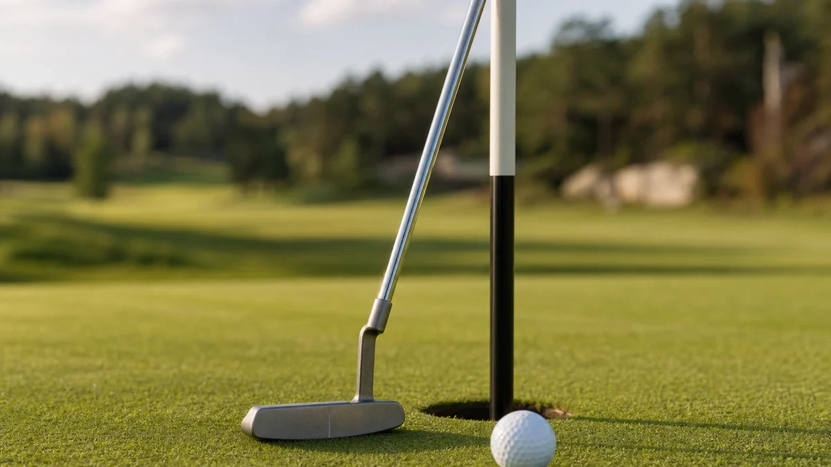 Putter i golf: sikte, längdkontroll och huvudform illustrerad med golfmotiv
