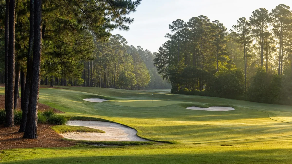 Golfbana med fairway, tallar och green i Georgia