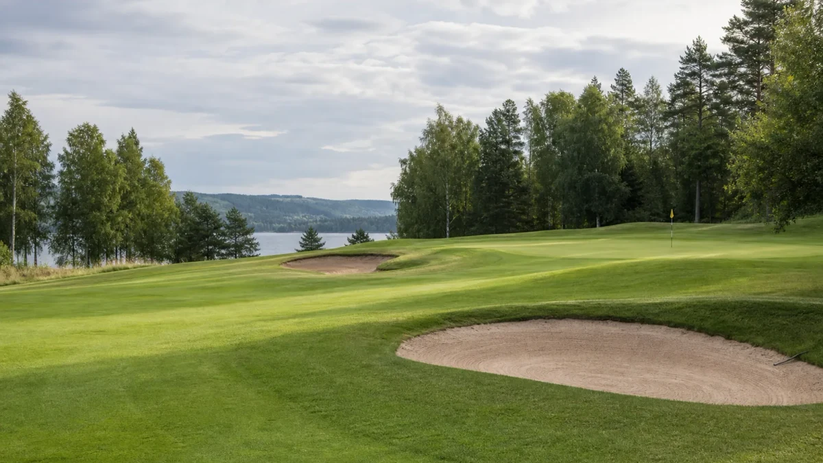 Svensk golfbana med fairway och green i mjukt dagsljus