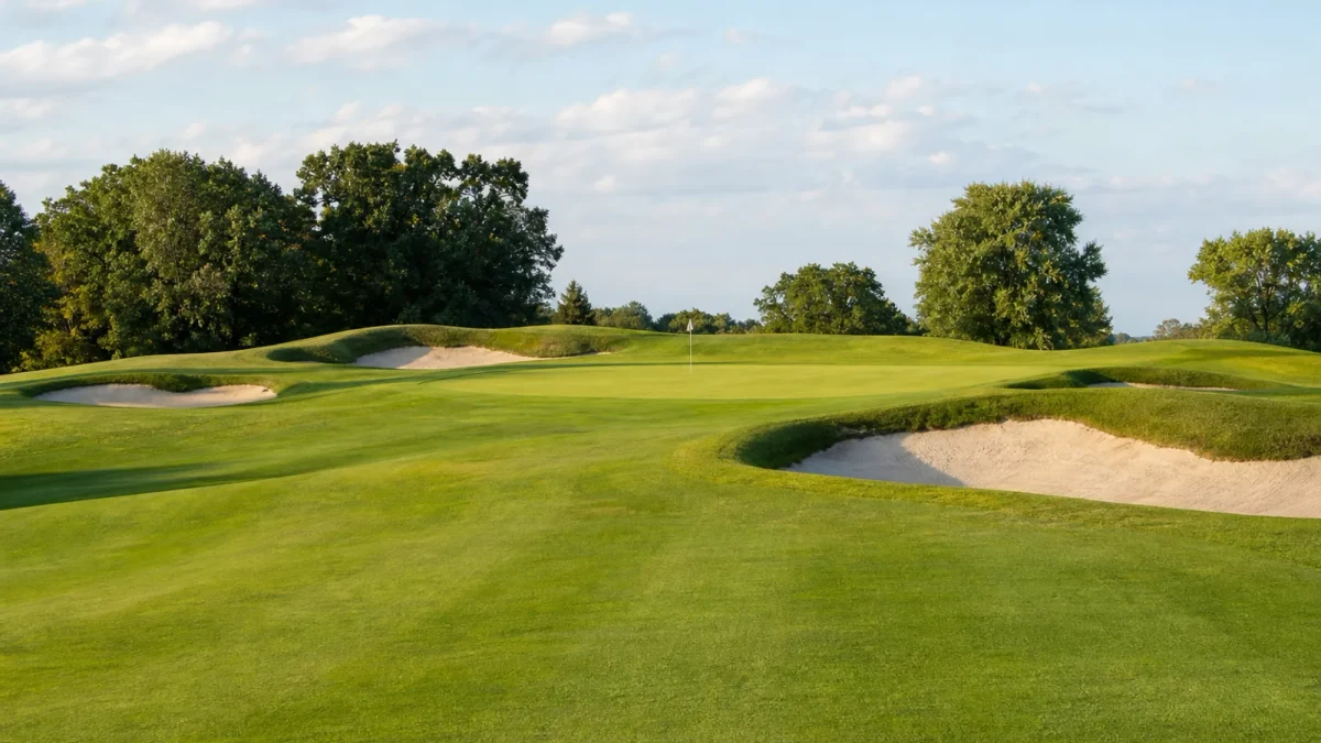 Golfbana med välskött fairway, green och bunkrar i mjukt dagsljus