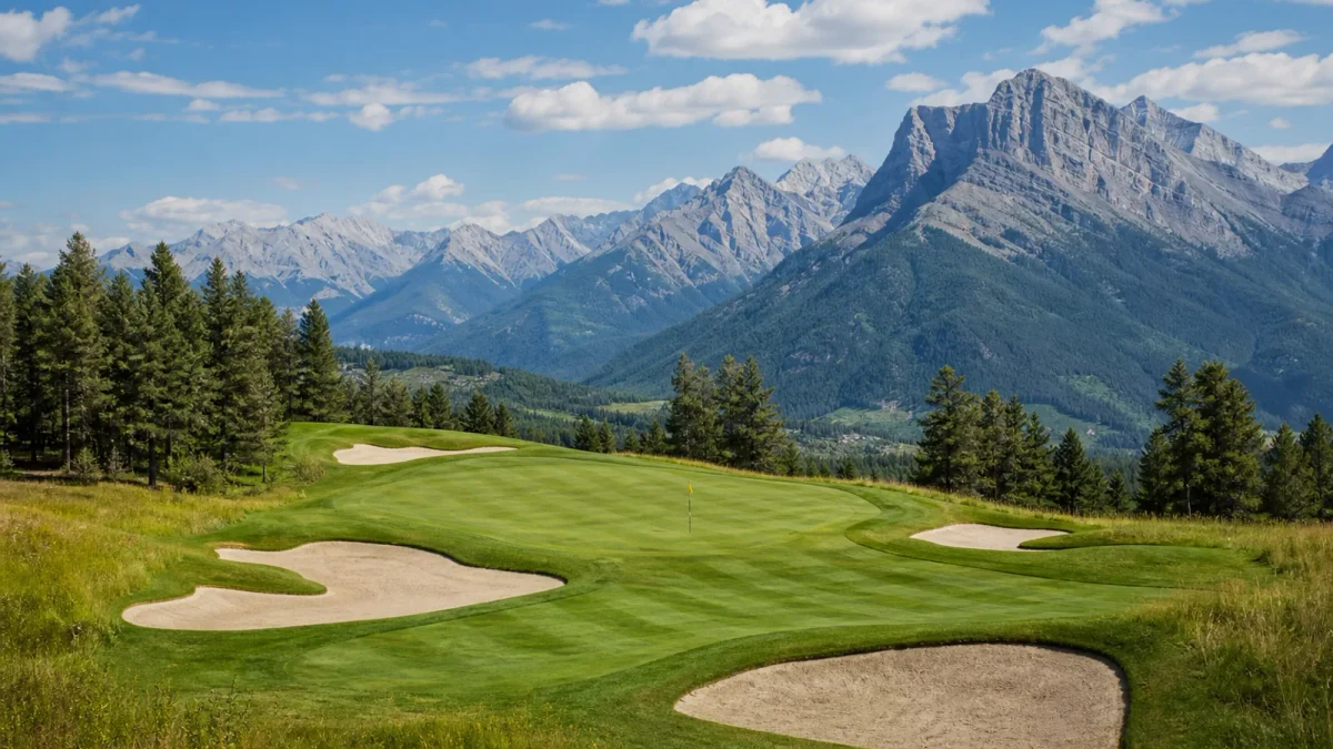 Golfbana med berg, fairway och green i klart dagsljus
