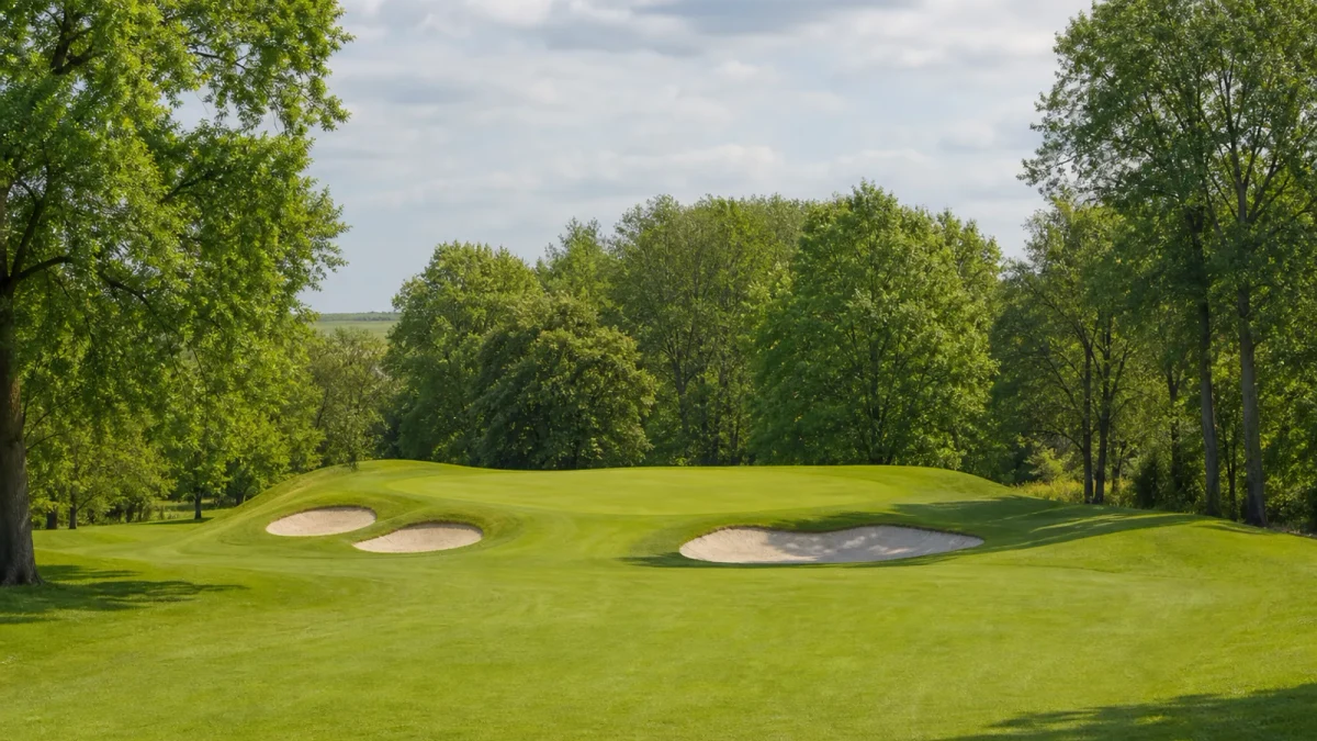 Golfbana i Belgien med fairway, green och träd i mjukt dagsljus