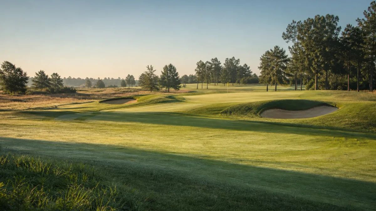 Golfbana med fairway, green och bunkrar i mjukt morgonljus
