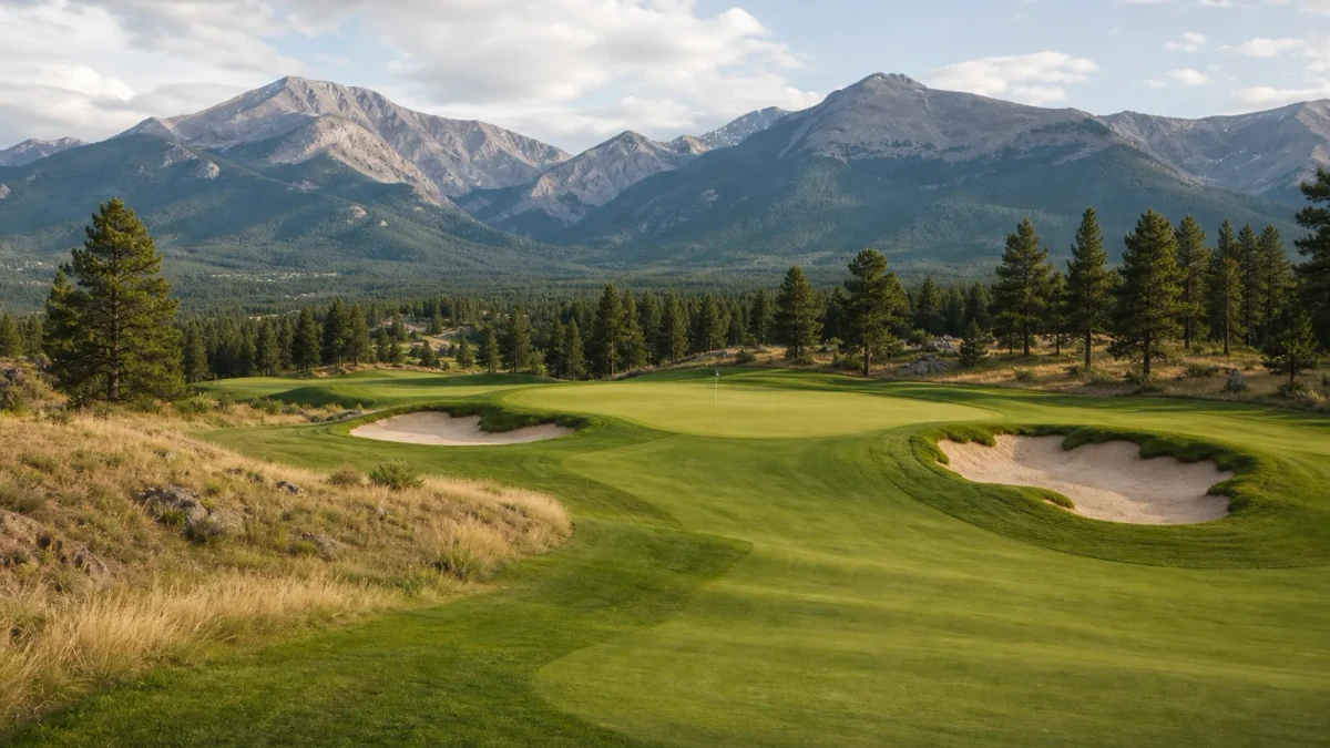 Golfbana i Colorado med fairway, green och berg
