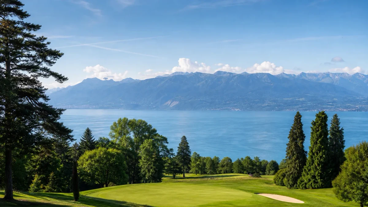 Evian Resort Golf Club med greener och utsikt över Genevesjon