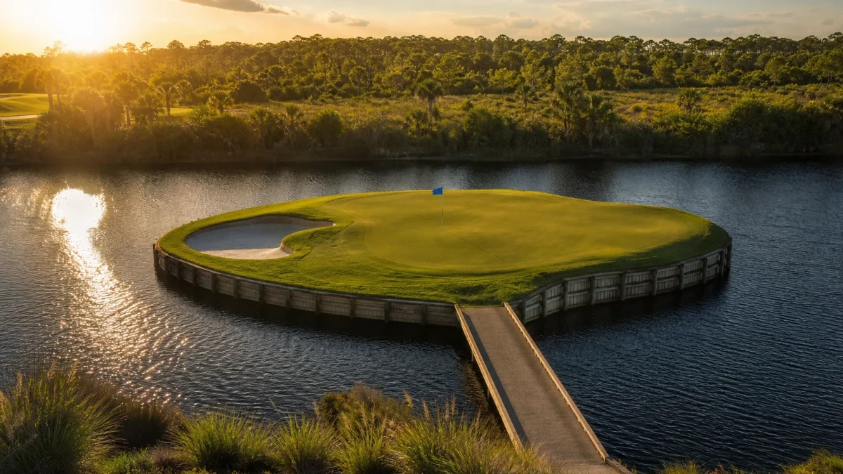 Ö-green omgiven av vatten på TPC Sawgrass inför The Players Championship