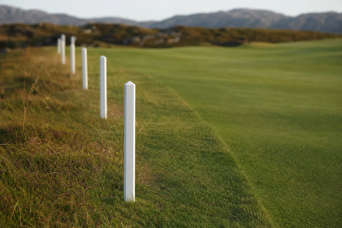 Golfregler på banan illustrerade med vita out of bounds-pinnar längs en fairway