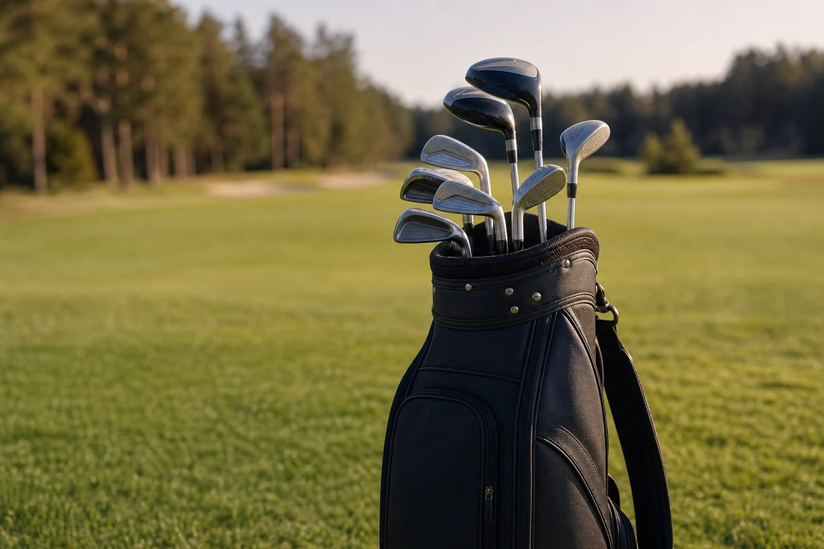 Golfutrustning illustrerad med en golfbag full av klubbor på en fairway