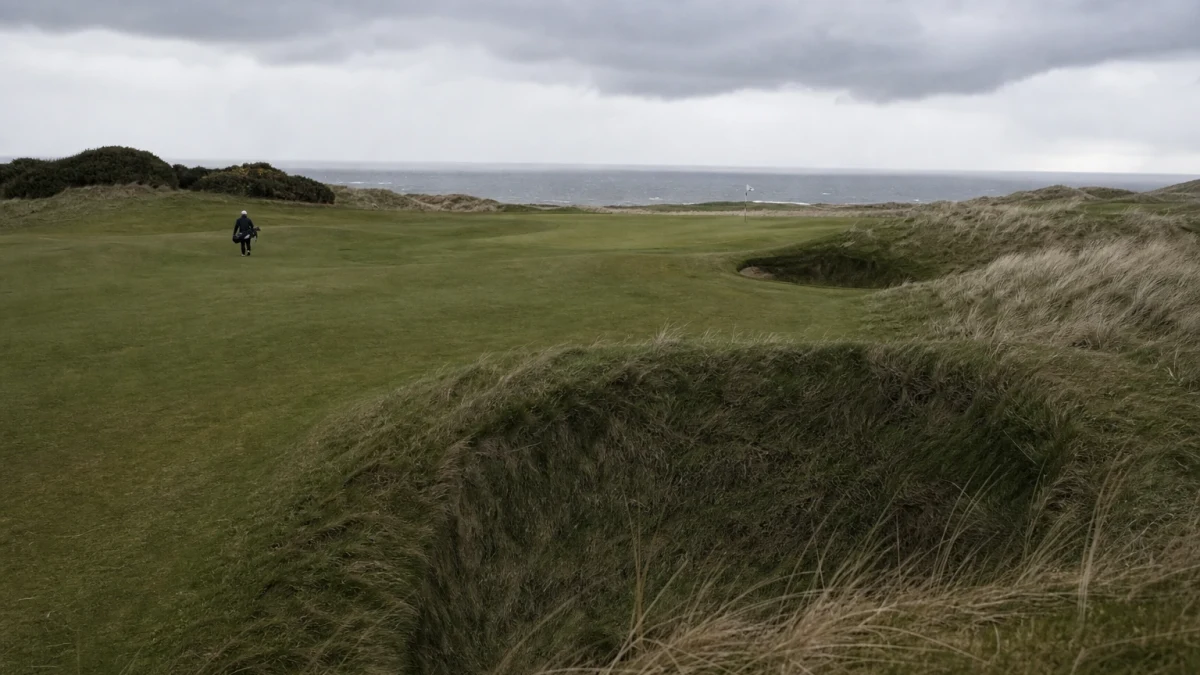 Illustrationsbild av en kustnära linksbana med djupa bunkrar och en ensam golfspelare på avstånd.