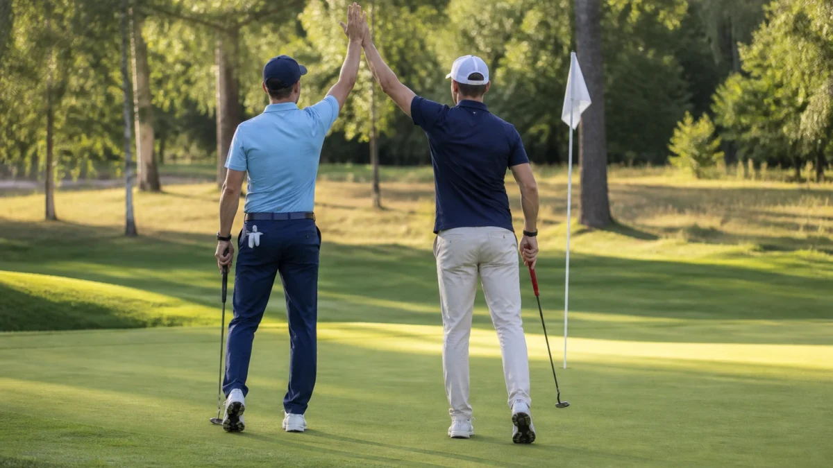 Illustrationsbild av två golfspelare som firar med en high five på en green.
